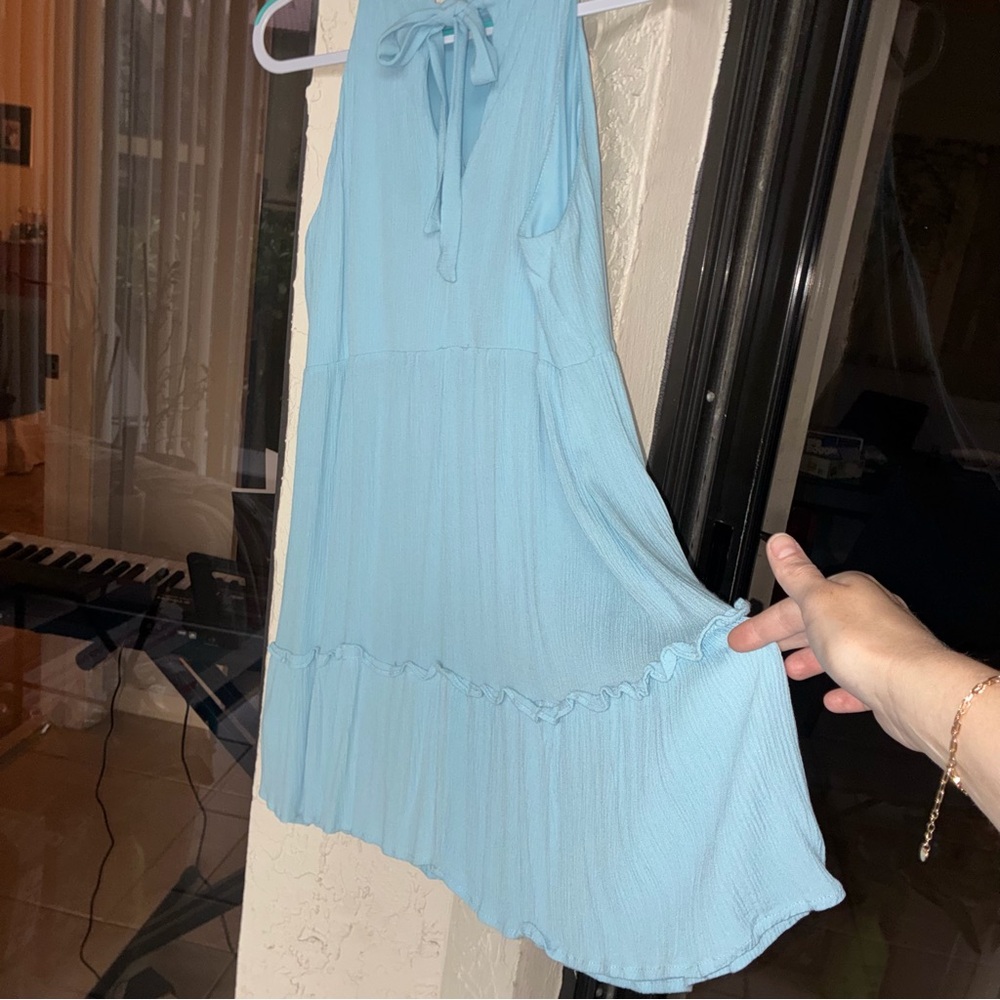 Blue Rain Sky Blue Tiered High Neck Ruffle Mini Dress - Size L - Picture 9 of 9